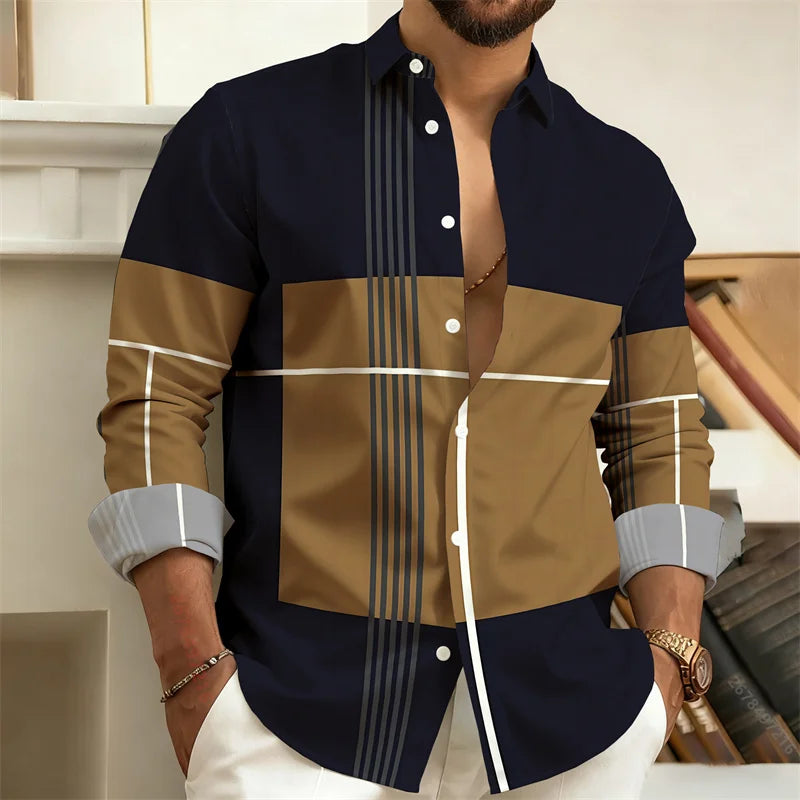 Men's Color-Blocked Striped Long-Sleeve Shirt, Retro Style Business Casual Shirt, Slim Fit Men's Trendy Top, Sizes S-6XL