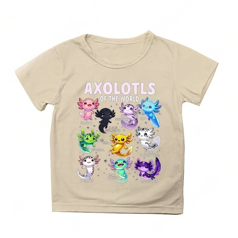Colorful Cartoon Axolotls Graphic 3D Print T-Shirt Summer Casual Comfy Girls Clothes 2-10Y Short Sleeve T-Shirt for Children Top