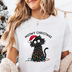 Women'S Casual Graphic T-Shirt - Meowy Christmas Print, Short Sleeve O Neck Top for Christmas Xmas T-Shirts Christmas Santa Tees