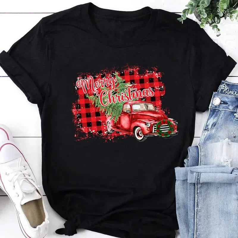 Women Tshirts Merry Christmas Tree Print Red Top Femal New Clothing Short Sleeve 90s Girls Lucky Deer T-shirts Aesthetic Clothes