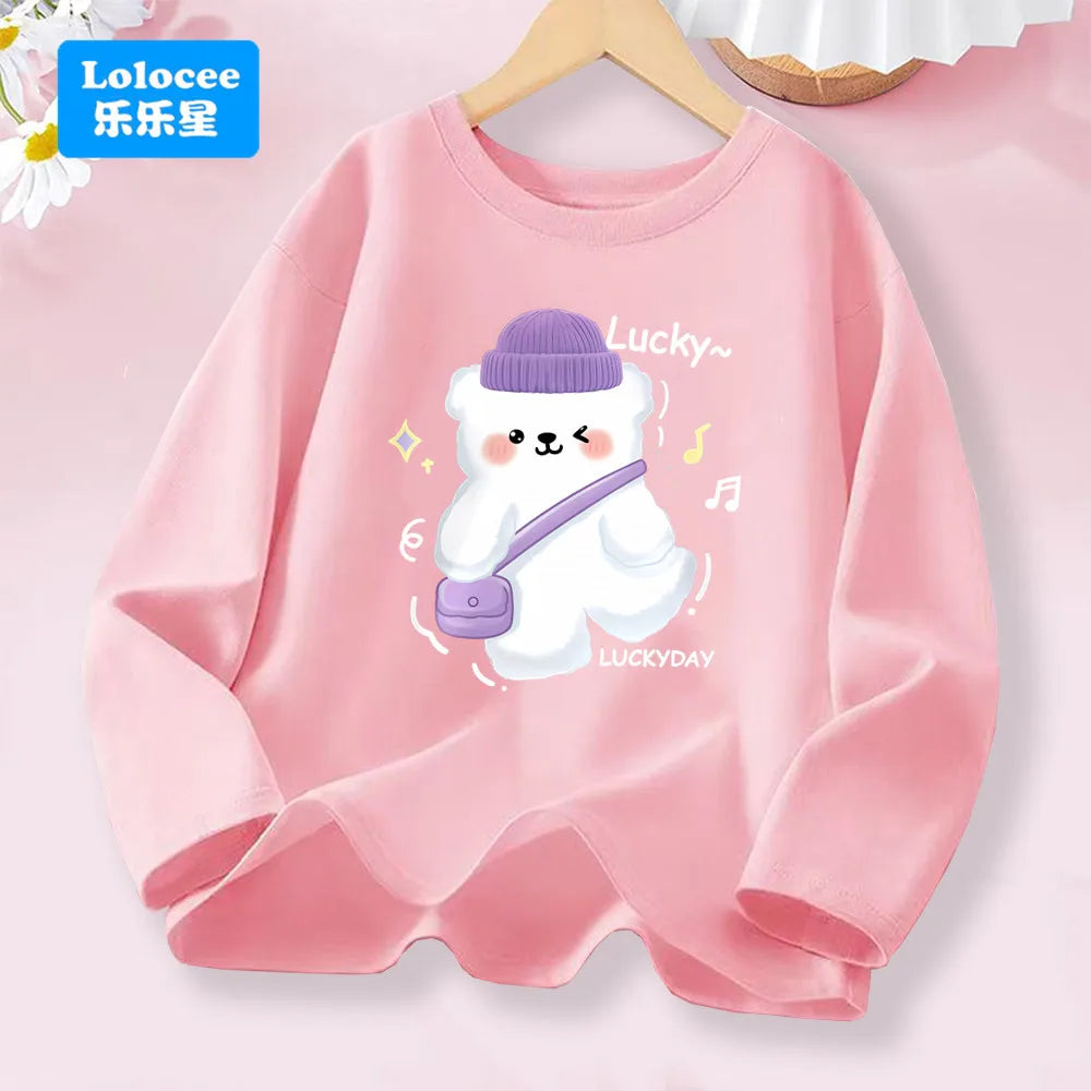 Kawaii Lovely Heart T-shirt for Girls - Cute Pink Purple Heart Print Long Sleeve Top, Kids Casual Cotton Basic Shirt