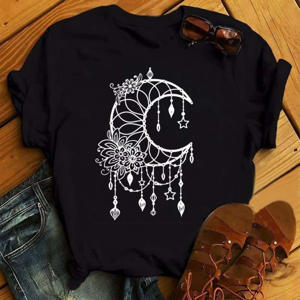 Gold and White Sun Moon Stars Print Women T Shirt Short Sleeve Women Tshirt Durable Plus-size Casual T-shirt Daily Streetwear