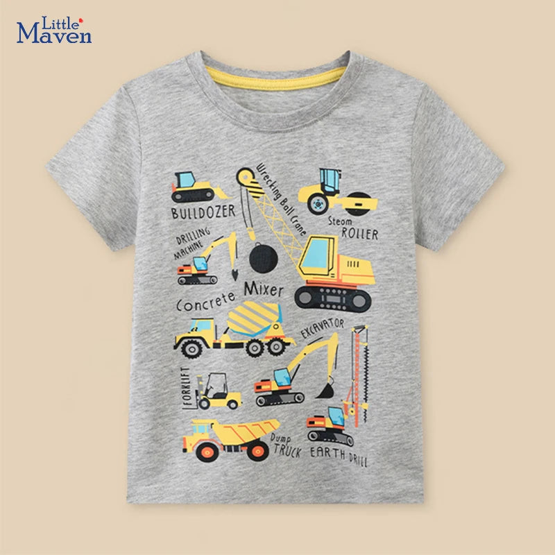 Little maven 2026 Summer Fashion New Tops Children's Clothing T-shirts Cartoon Excavators Infant Baby Boys Kids Clothes