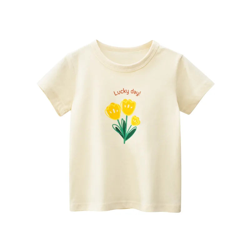2025 Summer 2-8 Years Kids Girl Shorts Sleeve T-shirts Printed Little Girl Top Baby Girl T Shirts Children Toddler Girl Clothes