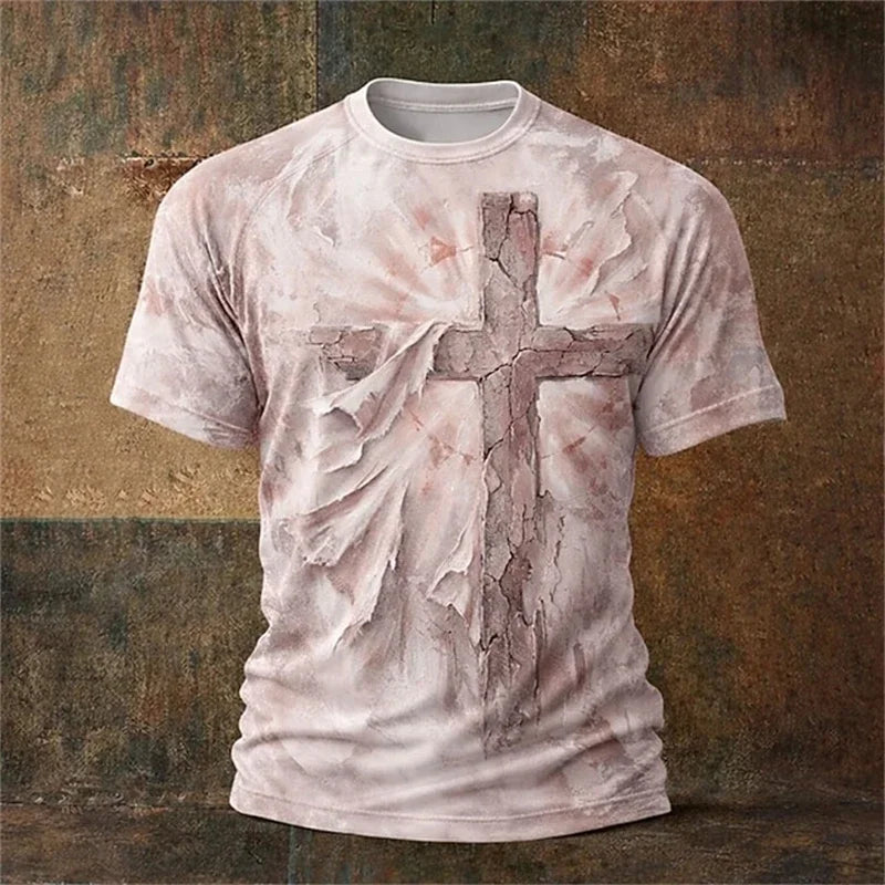 Christian Men's T-Shirt Summer Loose-Fit T-Shirt Gothic Style Jesus Christ Cross 3D Print Crew Neck Top Retro Short-Sleeve
