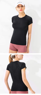 Women Yoga Shirts Sports T Shirt Summer Short Sleeve Round Neck Breathable Stretchy GYM Yoga Slim Fitness Active Top Tee