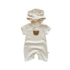 New In Summer Kids Baby Girls Boys Short Sleeve Waffle Patch Bear Infant Newborn Jumpsuits Cotton Romper Gift Hat with Ear
