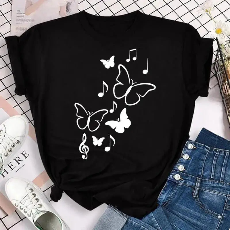 Fashion Women Men T Shirt Colorful Butterfly Petal Graphic Print T Shirt Casual Crew Neck Short Sleeve Plus Size T Shirt Unisex