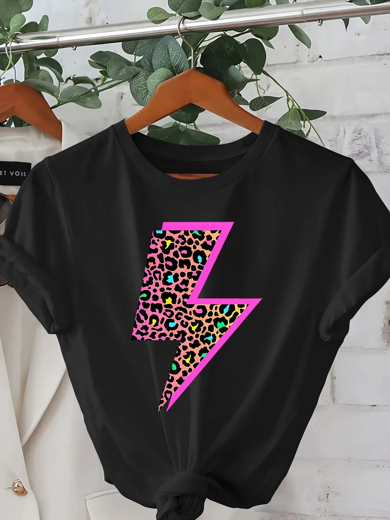 Women's Cheetah Neon Lightning Bolt Graphic Sleeve Round Neck Casual Top Vibrant Pink & Yellow on Lightweight Summer Spring Tee