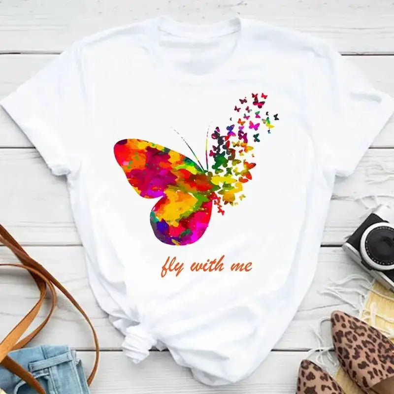 Fashion Women Men T Shirt Colorful Butterfly Petal Graphic Print T Shirt Casual Crew Neck Short Sleeve Plus Size T Shirt Unisex