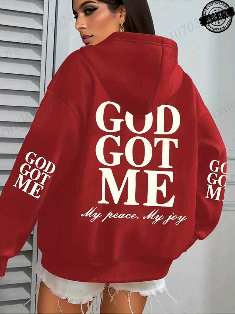 New Hoodies God Got Me Print Pullover Fashion Women Oversized Hoodie Long Sleeve Casual Hooded Sweatshirt Christian Design Hoody