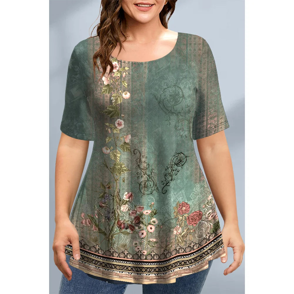 Large Size Loose Fit Women's T-shirt Summer New Short Sleeve Crewneck Tshirt Flower 3d Print Top Plus Size Ladies Clothing