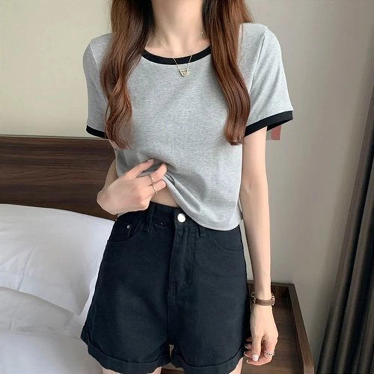 Fashion Patchwork T-shirts Women Basic Tee Casual Oversized Tops Quality Unisex Short Tshirts Tees Girl Summer Clothing Tops