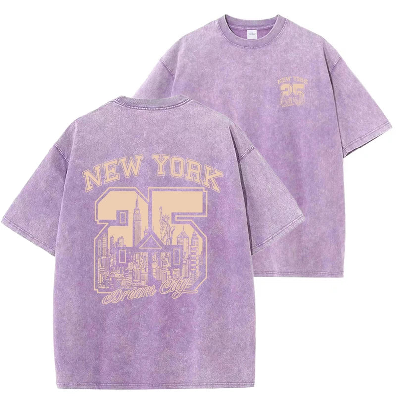 New York City Funny Print  Woman Plus Size T Shirts Summer Vintage Washed Cotton Breathable Tee Shirt Fashion Casual Home Tshirt