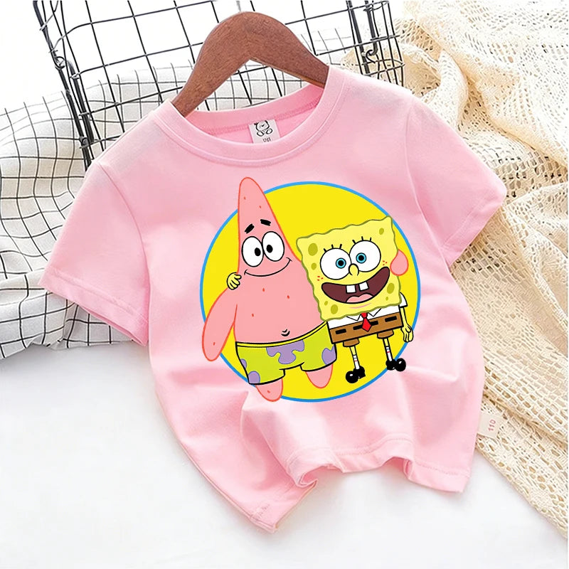Cute SpongeBobs T-shirt Kids Anime Round Role Boys Girl Toddler Cotton Streetwear Tees Casual Short Sleeve Childern Clothes Tops