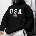 Men's autumn and winter casual fashion loose American flag graphic print long sleeved hooded sweatshirt warm pullover