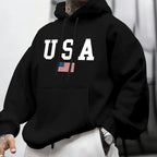 Men's autumn and winter casual fashion loose American flag graphic print long sleeved hooded sweatshirt warm pullover