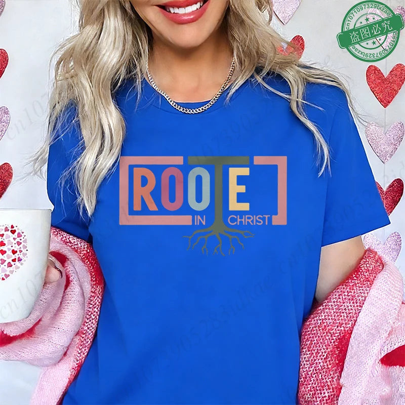 Rooted in Christ T-Shirt Women Vintage Tree Faith Root Graphic Tops Casual Christian Religious Short Sleeve Tee Female Clothing