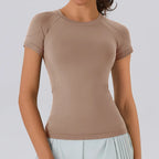 Women Yoga Shirts Sports T Shirt Summer Short Sleeve Round Neck Breathable Stretchy GYM Yoga Slim Fitness Active Top Tee