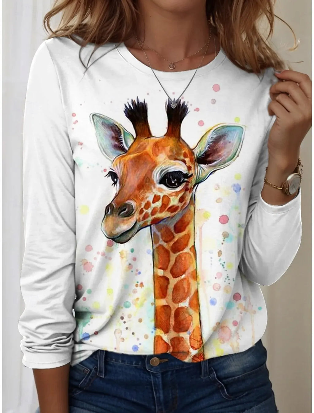 Women's T-Shirts Graphic Animal Giraffe  Tees Fashion Stylish Long Sleeve T-shirts O-Neck Regular Tops Summer Casual Pullover