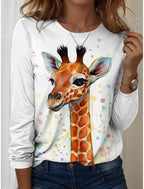 Women's T-Shirts Graphic Animal Giraffe  Tees Fashion Stylish Long Sleeve T-shirts O-Neck Regular Tops Summer Casual Pullover