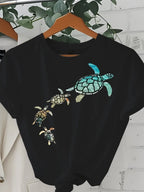 Women's Casual Short Sleeve T-Shirt Loose Fit Round Neck with Cartoon Turtle Graphic Print for Spring/Summer women clothing