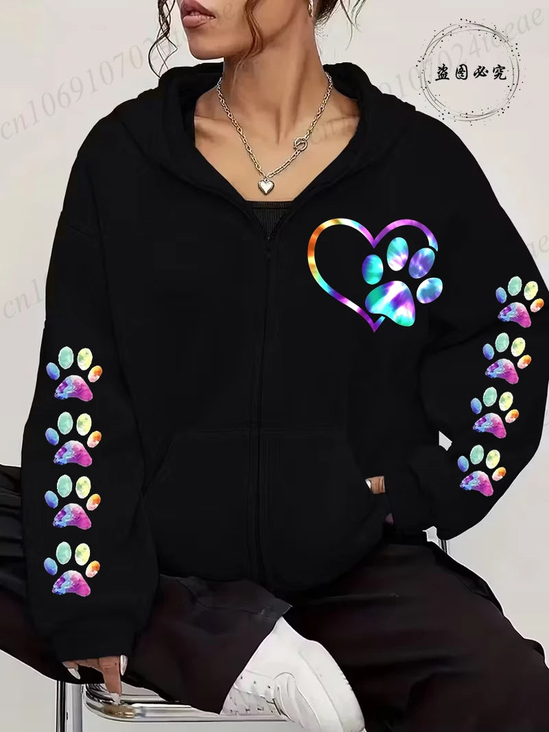 Women Zip Up Hoodies Watercolor Paw Printed Zipper Jackets Coats Autumn Winter Hoody Sweatshirt Fashion Casual Zip Up Hoodie Top