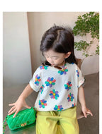 1pcs Summer Kids Flower Print Tops Clothes Girls Korean Style Shirt Children Short Sleeve T-shirts Child Casual Comfort T Shirs