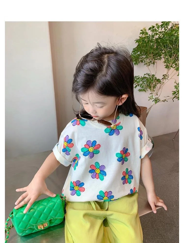 1pcs Summer Kids Flower Print Tops Clothes Girls Korean Style Shirt Children Short Sleeve T-shirts Child Casual Comfort T Shirs