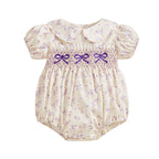 0-18M Infant Baby Girls Bowknot Embroidered Rompers Lovely Floral Print Doll Collar Short Sleeve Bubble Jumpsuits for Newborn
