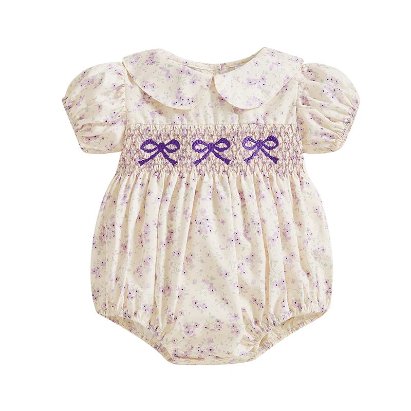 0-18M Infant Baby Girls Bowknot Embroidered Rompers Lovely Floral Print Doll Collar Short Sleeve Bubble Jumpsuits for Newborn