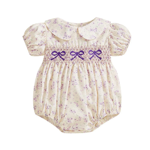 0-18M Infant Baby Girls Bowknot Embroidered Rompers Lovely Floral Print Doll Collar Short Sleeve Bubble Jumpsuits for Newborn