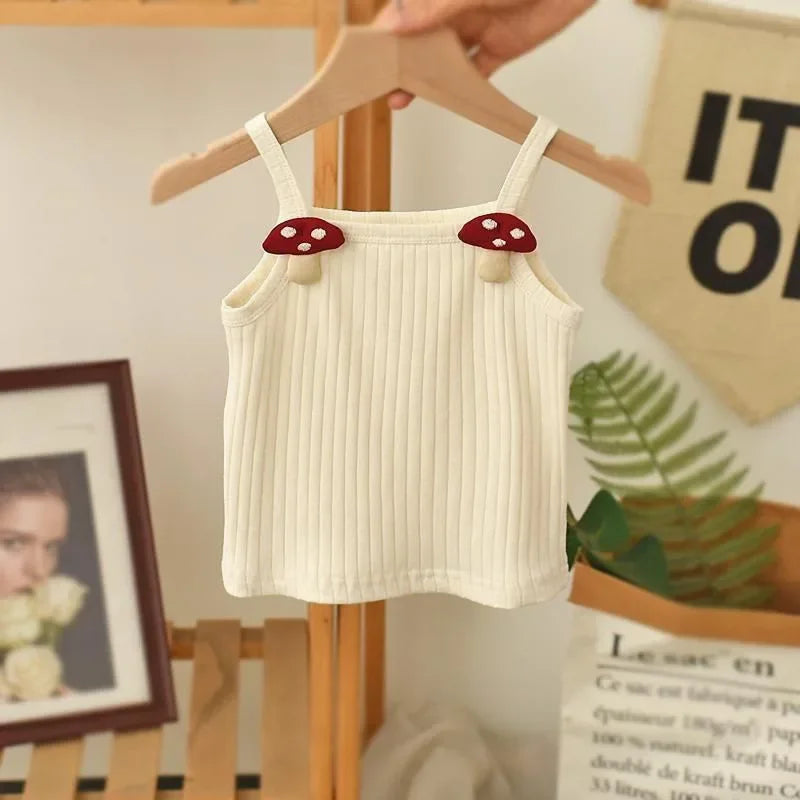 1-8Y Children's Knitted Sling Top Sleeveless Short T-Shirts 2025 Summer Thin Base Suspenders Girls Baby Rabbit Mushroom Tops