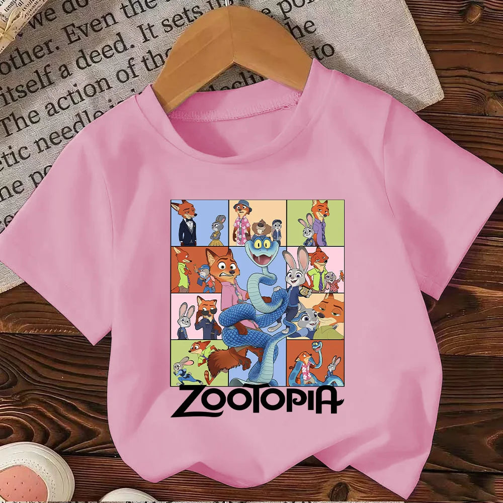 2026 Summer Children Girl Boy Cotton Clothes  Zootopia Cartoon Prints T-shirts Fashion Kid Baby Short Sleeve Crew Neck Top
