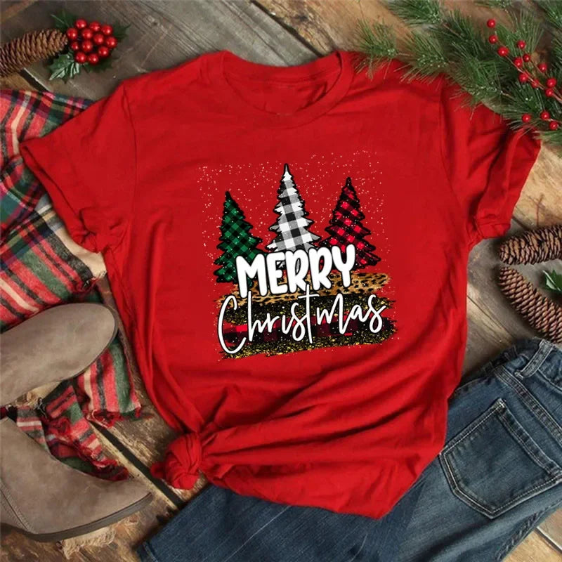 Women Tshirts Merry Christmas Tree Print Red Top Femal New Clothing Short Sleeve 90s Girls Lucky Deer T-shirts Aesthetic Clothes