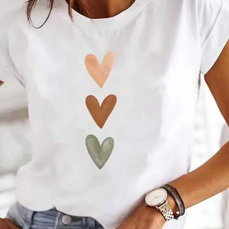 Love Heart Print Plus Size T-shirt Women's Harajuku Short Sleeve Casual Women's T-shirt Clothing Street Tees Aesthetic Clothes