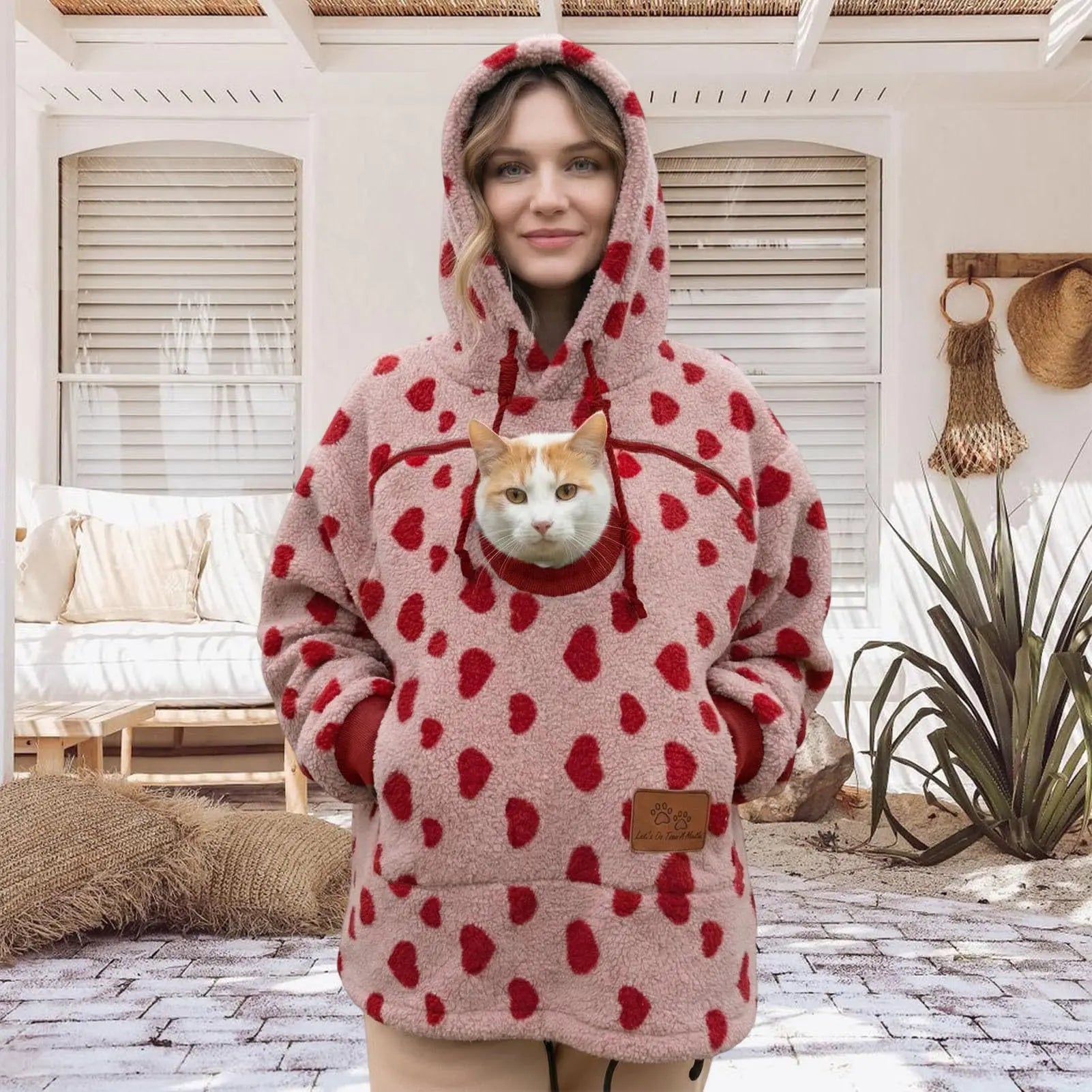 Ladies Winter Hooded Lamb Velvet Zipper Kangaroo Pocket Cat Dog Mommy Outwear Sweatshirt Comfortable Street Style Trendy Fashion