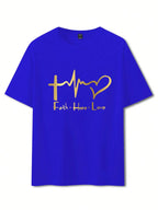 Men's Summer 100% Cotton Fashionable Casual Loose Large Size FAITH HOPE LOVE Printed Sports Round Neck Short Sleeve T-shirt Top