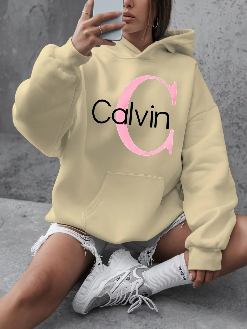 Street Style Calvin Hoodie Women's Plus Size _Calvin_ Pattern Hoodie - Casual Long Sleeved Pullover with Pocket hoodies women