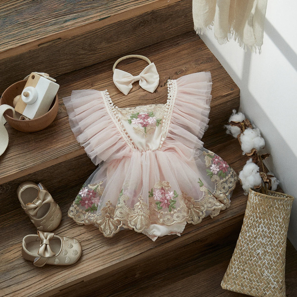 ma&baby 0-24M Baby Girl Romper Newborn Infant Jumpsuit Princess Floral Embroidery Tulle Outfits Birthday Party Clothing