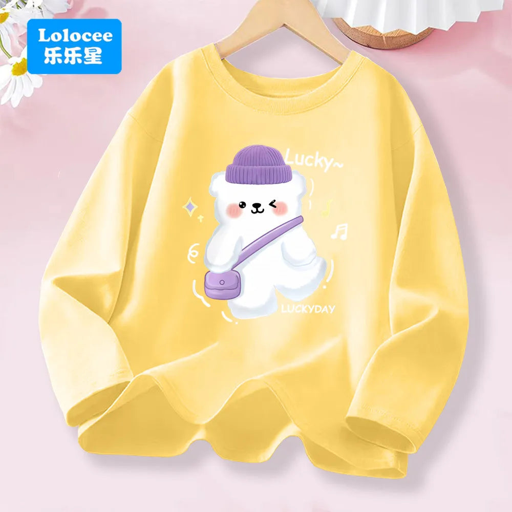 Kawaii Lovely Heart T-shirt for Girls - Cute Pink Purple Heart Print Long Sleeve Top, Kids Casual Cotton Basic Shirt