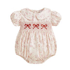 0-18M Infant Baby Girls Bowknot Embroidered Rompers Lovely Floral Print Doll Collar Short Sleeve Bubble Jumpsuits for Newborn