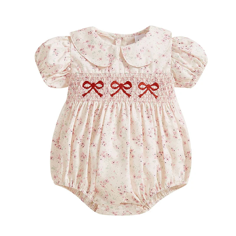 0-18M Infant Baby Girls Bowknot Embroidered Rompers Lovely Floral Print Doll Collar Short Sleeve Bubble Jumpsuits for Newborn
