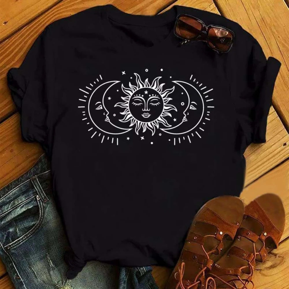 Gold and White Sun Moon Stars Print Women T Shirt Short Sleeve Women Tshirt Durable Plus-size Casual T-shirt Daily Streetwear