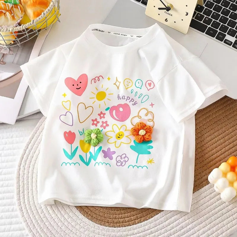 Jumping Meters Flowers Kids Tees Hot Selling Cotton Summer Girls Tshirts Baby Clothes Children's Tees Tops