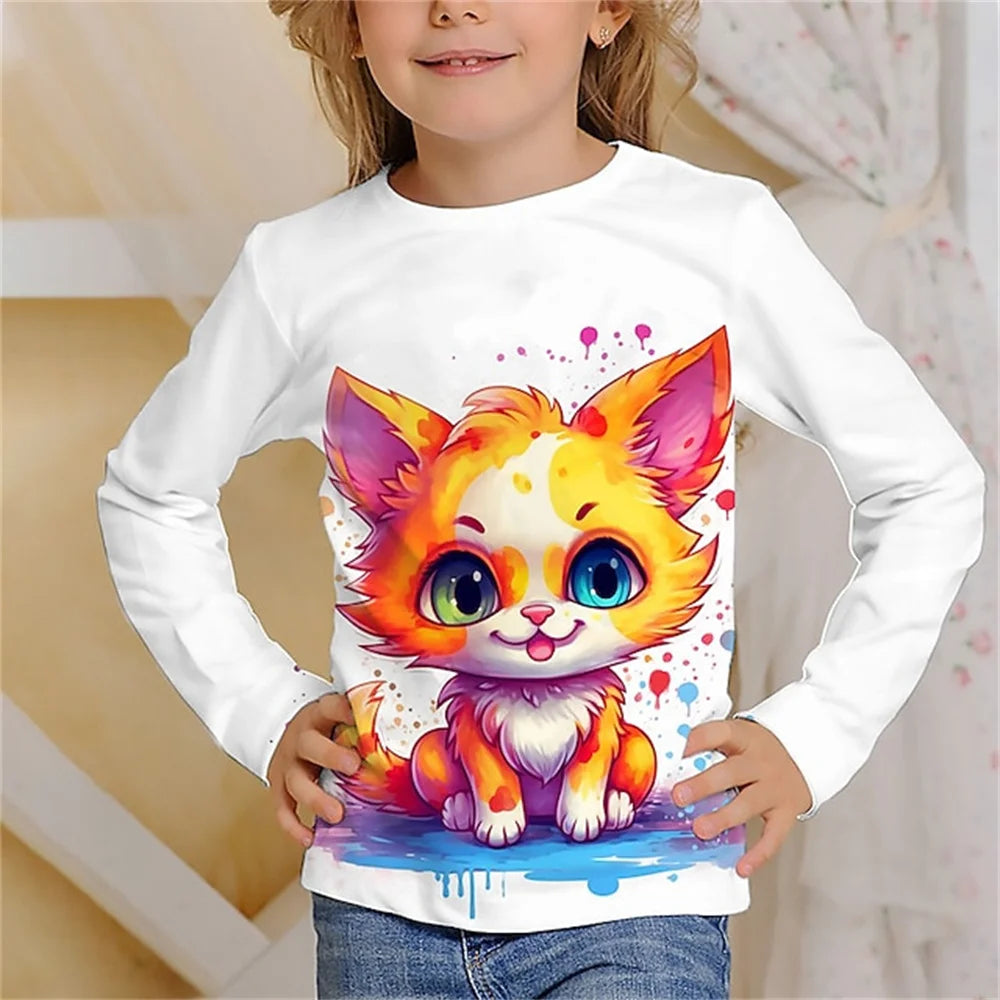 Girls Clothes for Kid Long Sleeve T-Shirt Children from 9 to 12 Years Cute Cartoon Cat Animal Printed Polyester Autumn Tee Shirt