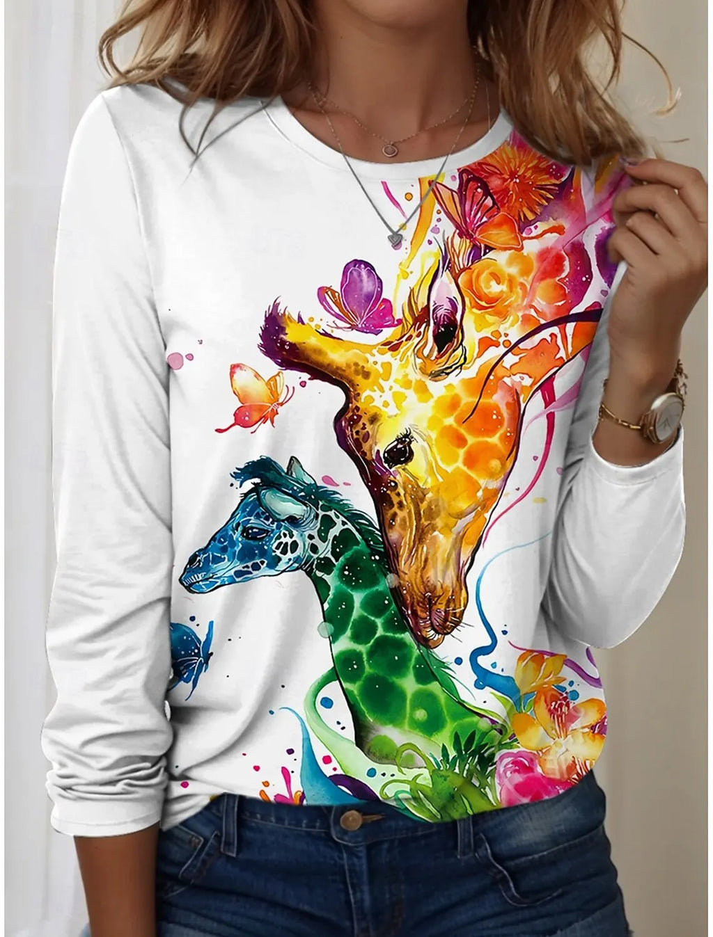 Women's T-Shirts Graphic Animal Giraffe  Tees Fashion Stylish Long Sleeve T-shirts O-Neck Regular Tops Summer Casual Pullover