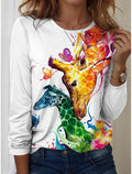 Women's T-Shirts Graphic Animal Giraffe  Tees Fashion Stylish Long Sleeve T-shirts O-Neck Regular Tops Summer Casual Pullover