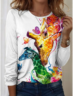 Women's T-Shirts Graphic Animal Giraffe  Tees Fashion Stylish Long Sleeve T-shirts O-Neck Regular Tops Summer Casual Pullover