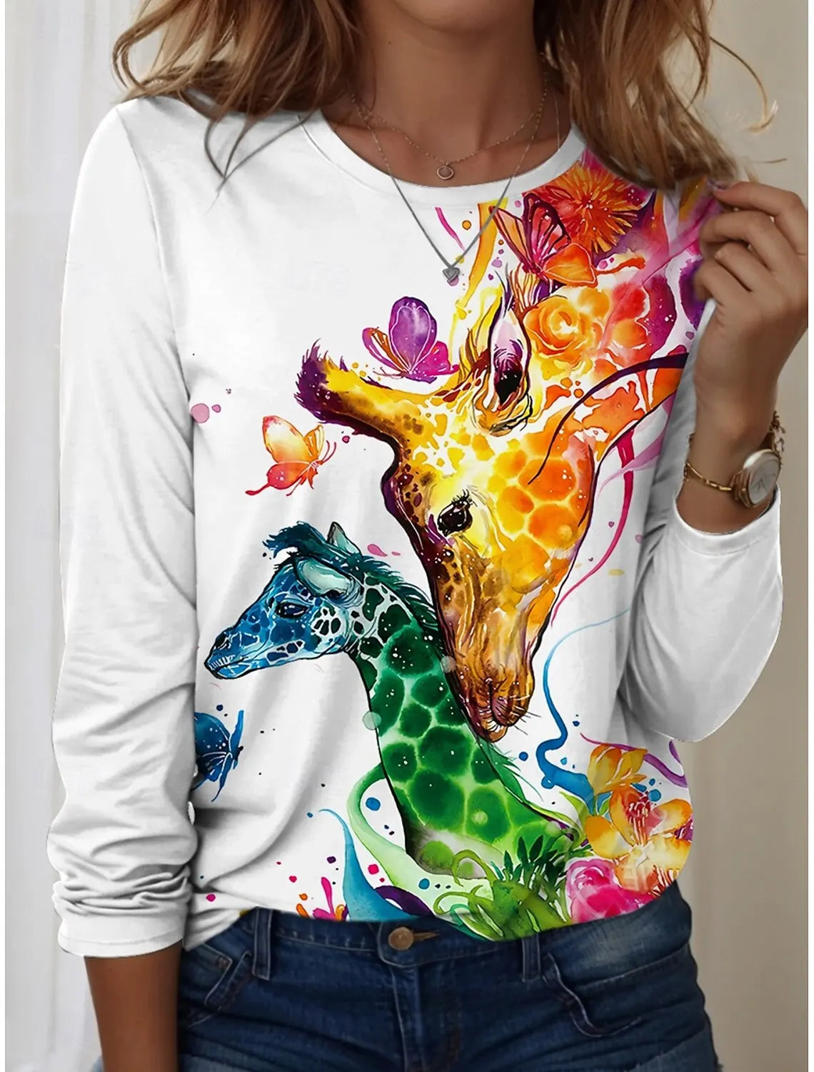 Women's T-Shirts Graphic Animal Giraffe  Tees Fashion Stylish Long Sleeve T-shirts O-Neck Regular Tops Summer Casual Pullover